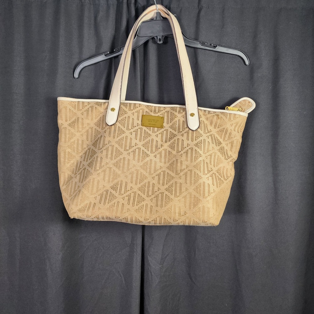 Lauren Ralph Lauren Monogram Jacquard Tote Bag Tan Cream Gold Hardware Zip Top